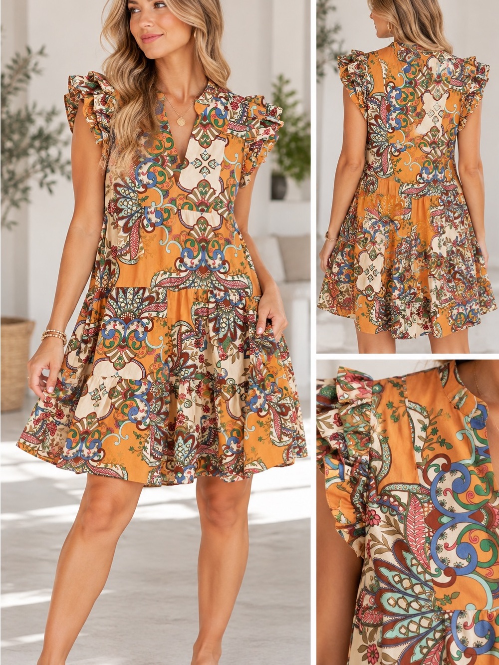 Caroline Constas Orange Paisley Floral Ruffle Tiered Mini Dress Size Small